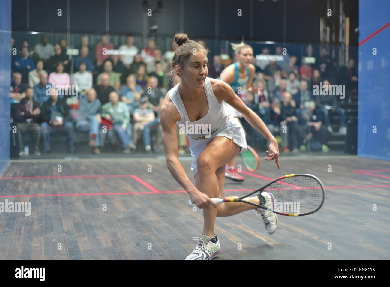 Manchester  UK  11th December 2017    Nele Gilis (Belgium) loses 4-11, 7-11, 4-11  to Laura Massaro  (England), the fourth seed, in the first round of the A J Bell PSA World Championships in Manchester. Stock Photo