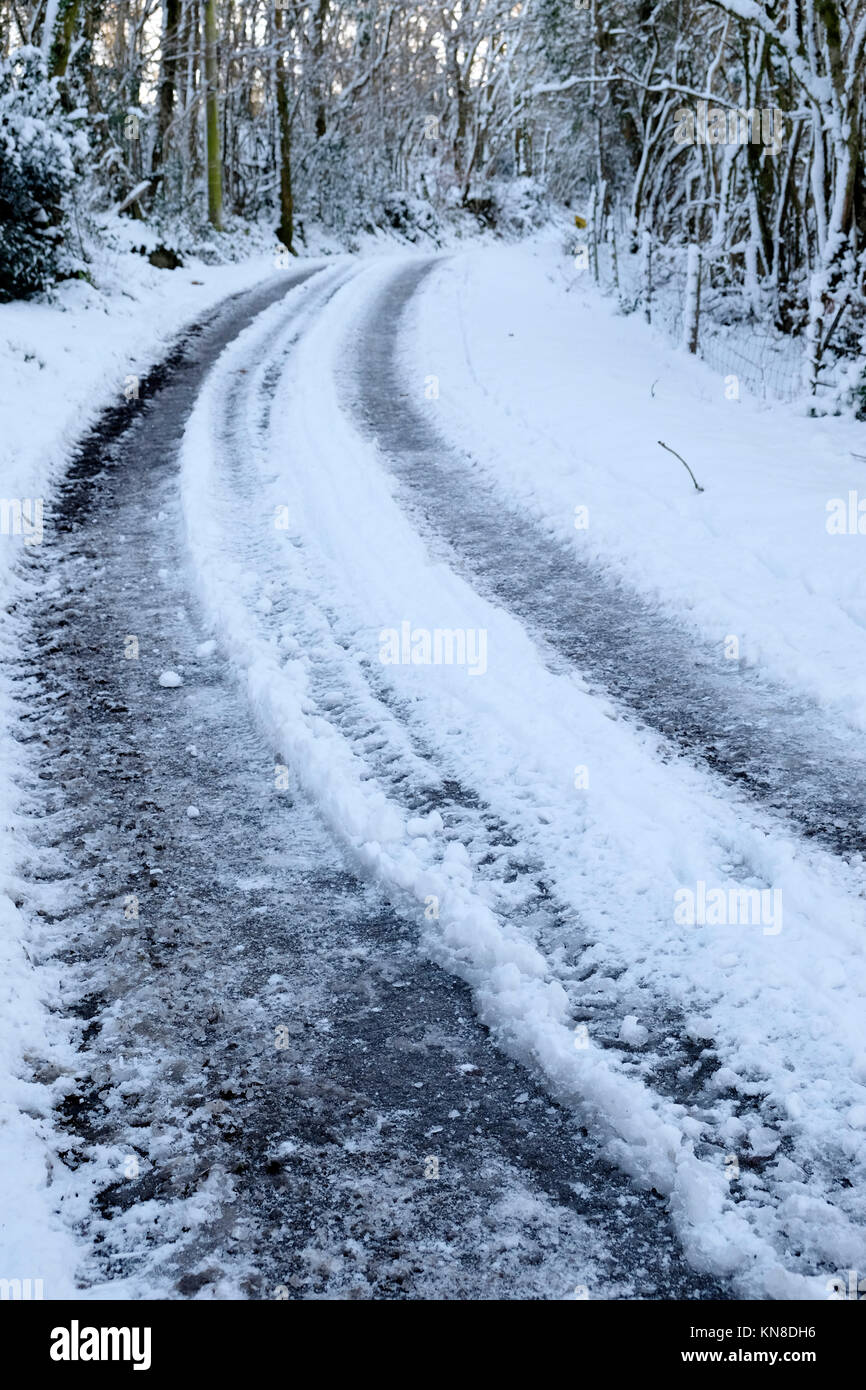 Carmarthenshire Wales UK, Monday 11 December 2017 UK Weather:  Icy road conditions prevail in many parts of rural Wales after heavy snow on Sunday.  KATHY DEWITT Stock Photo