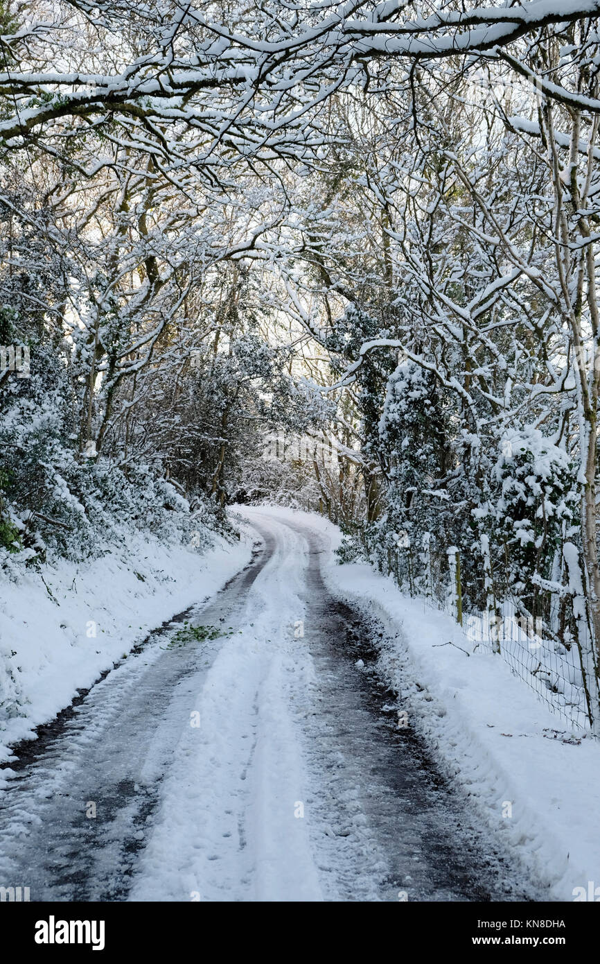 Carmarthenshire Wales UK, Monday 11 December 2017 UK Weather:  Icy road conditions prevail in many parts of rural Wales after heavy snow on Sunday.  KATHY DEWITT Stock Photo