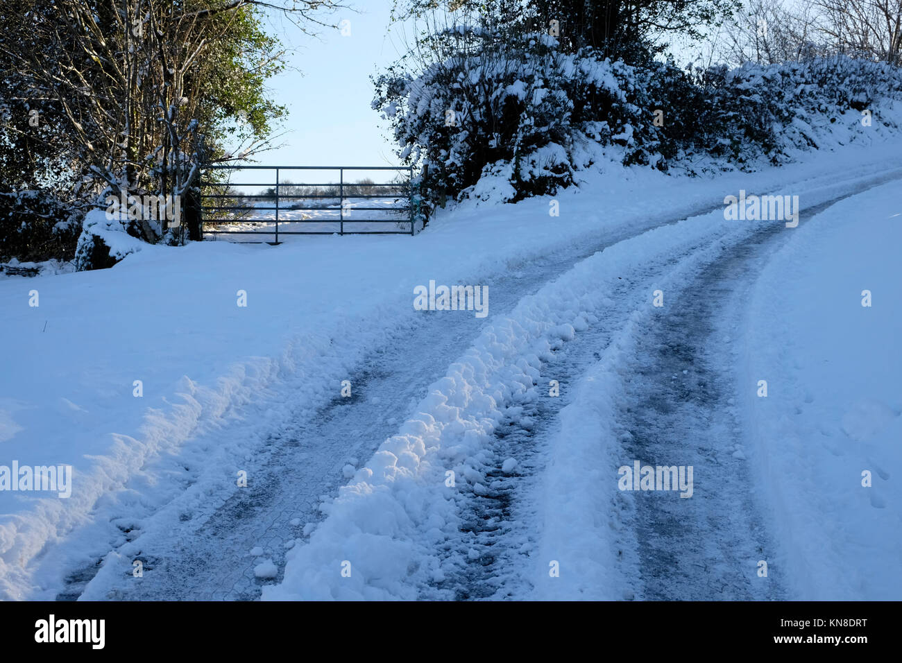 Carmarthenshire Wales UK, Monday 11 December 2017 UK Weather:  Icy road conditions prevail in many parts of rural Wales after heavy snow on Sunday.  KATHY DEWITT Stock Photo