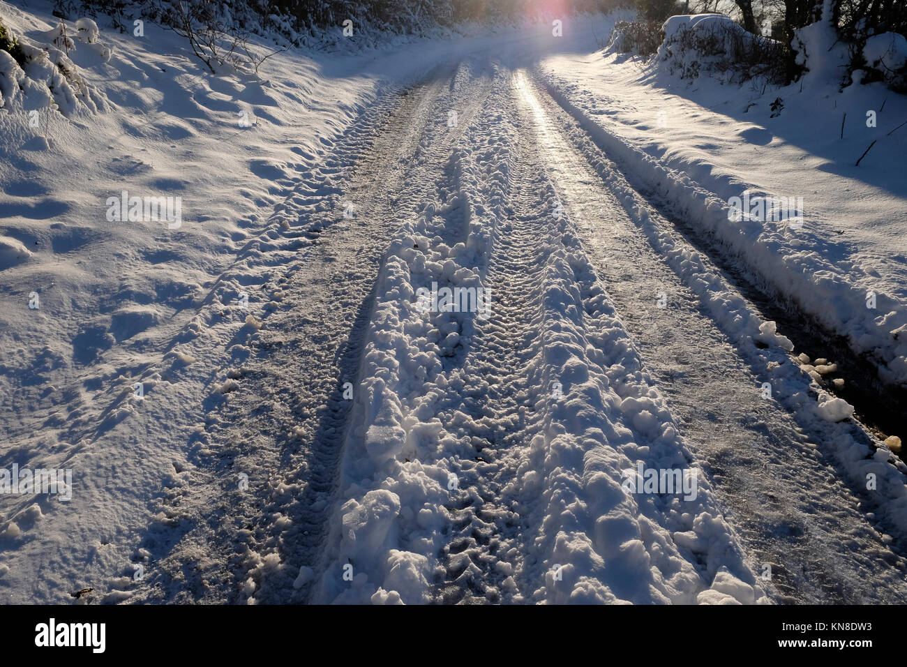 Carmarthenshire Wales UK, Monday 11 December 2017 UK Weather:  Treacherous icy road conditions prevail in many parts of rural Wales after heavy snow on Sunday.  KATHY DEWITT Stock Photo