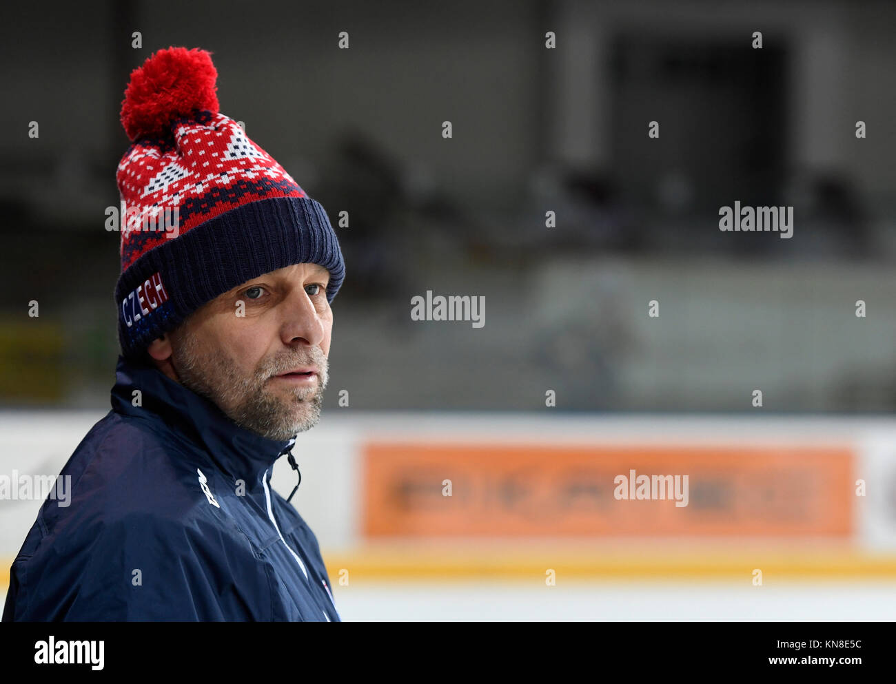 Czech National Team's Head Coach Josef Jandac watch players during a training session prior to the Channel One Cup tournament of Euro Hockey Tour in Prague, Czech Republic, December 11, 2017. CTK Photo/Michal Krumphanzl) Stock Photo