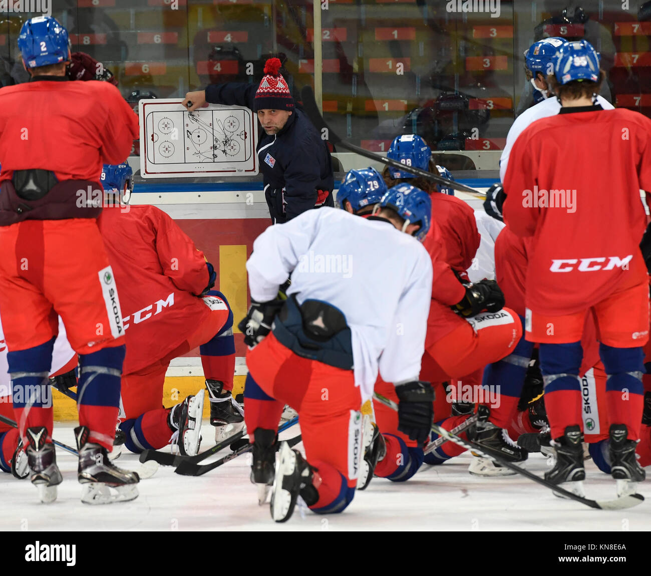 Czech National Team's Head Coach Josef Jandac instruct players during a training session prior to the Channel One Cup tournament of Euro Hockey Tour in Prague, Czech Republic, December 11, 2017. CTK Photo/Michal Krumphanzl) Stock Photo
