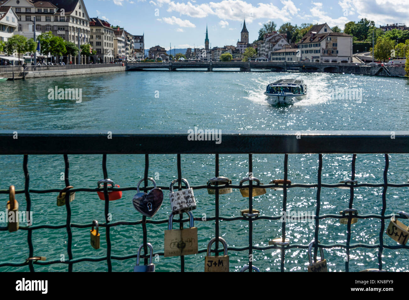 love lockers, river Limmat, Zurich, Switzerland Stock Photo
