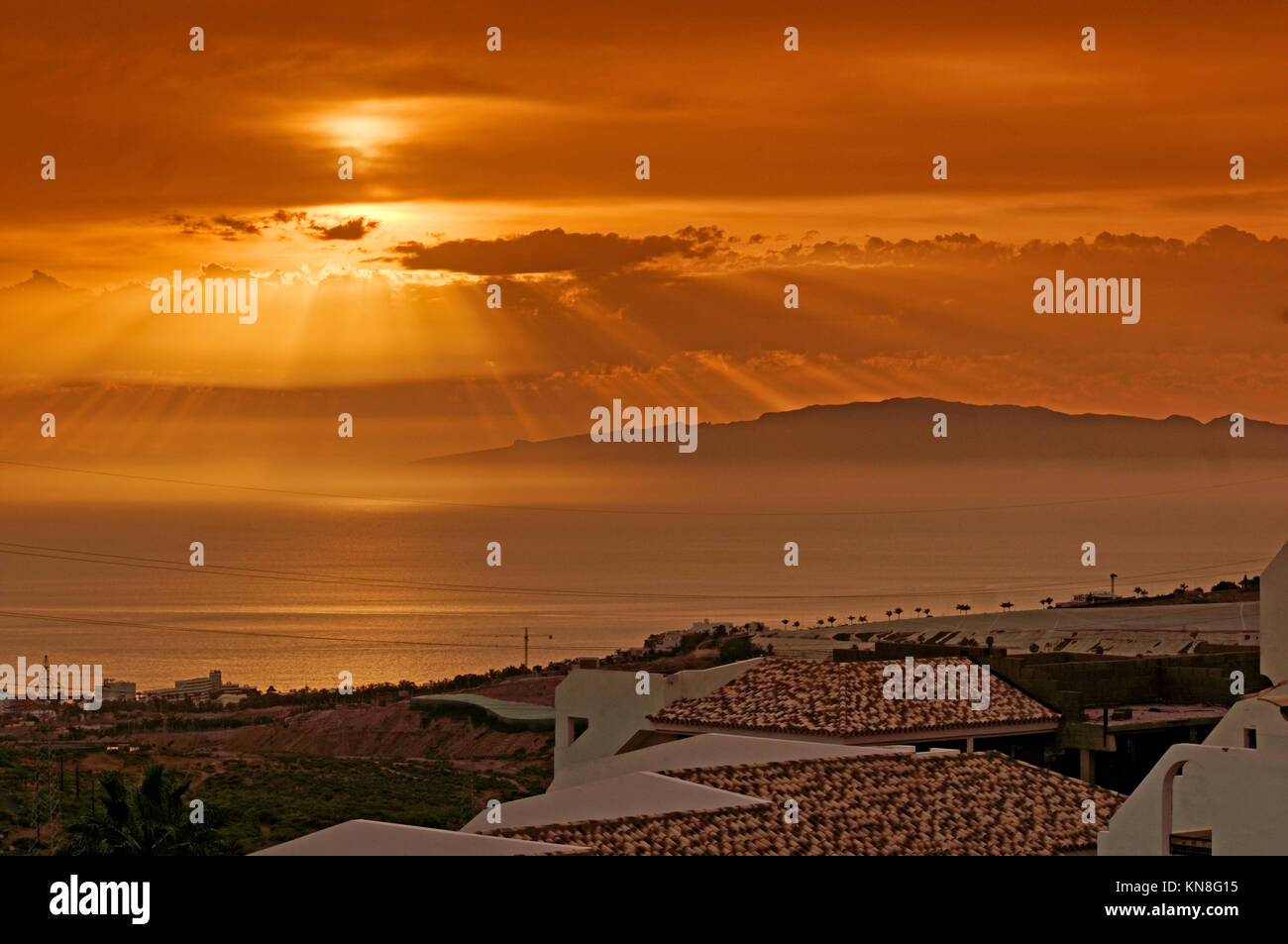 Sunset near Christianos , background Gomera, Tenerife, Spain Stock Photo