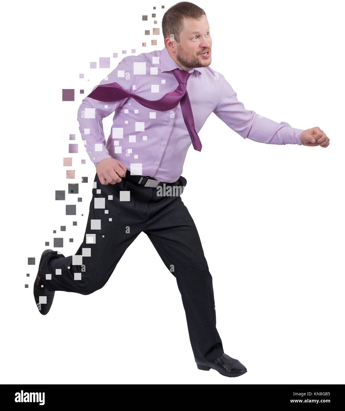 Running businessman in a hurry over white background isolated. Stock Photo