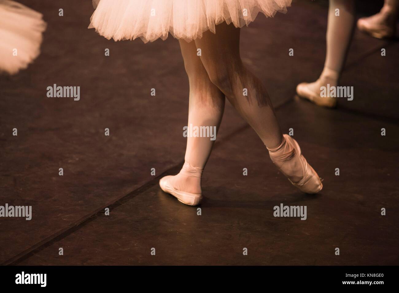 Pointe shoes stopped in the performance of Swan Lake of Pyotr Tchaikovsky and Petipa. Stock Photo