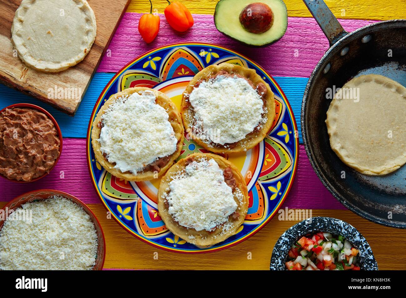 Sopes handmade mexican traditional food thick corn masa tortillas Stock