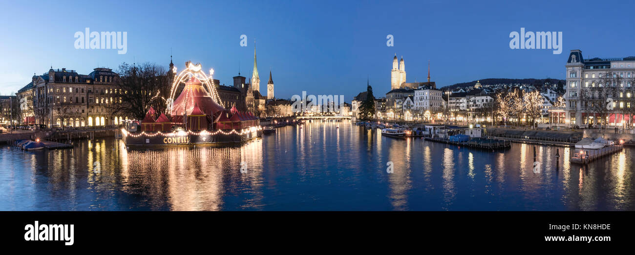 Panorama at river Limmat, Grossmunster, Zurich, Switzerland Stock Photo