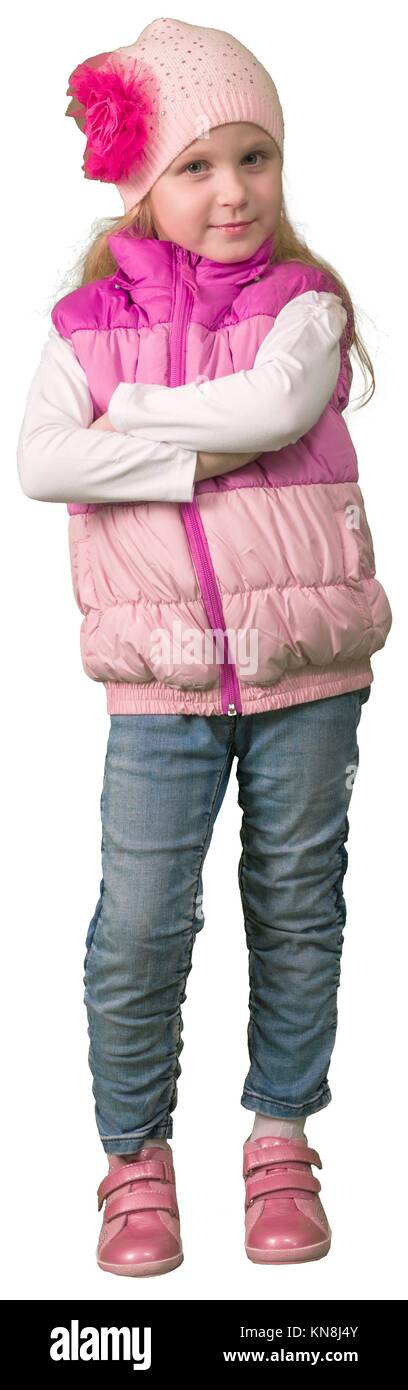 Cute little girl jumping in winter clothing. Stock Photo