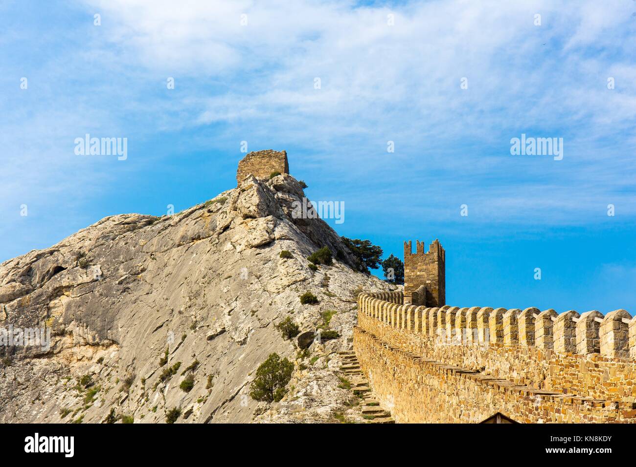View of Genoese medieval fortress Sudak Crimea. Stock Photo