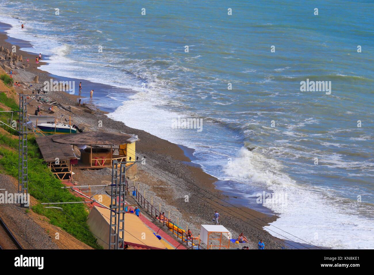 Seashore railway aerial view tide Sochi Russia. Stock Photo