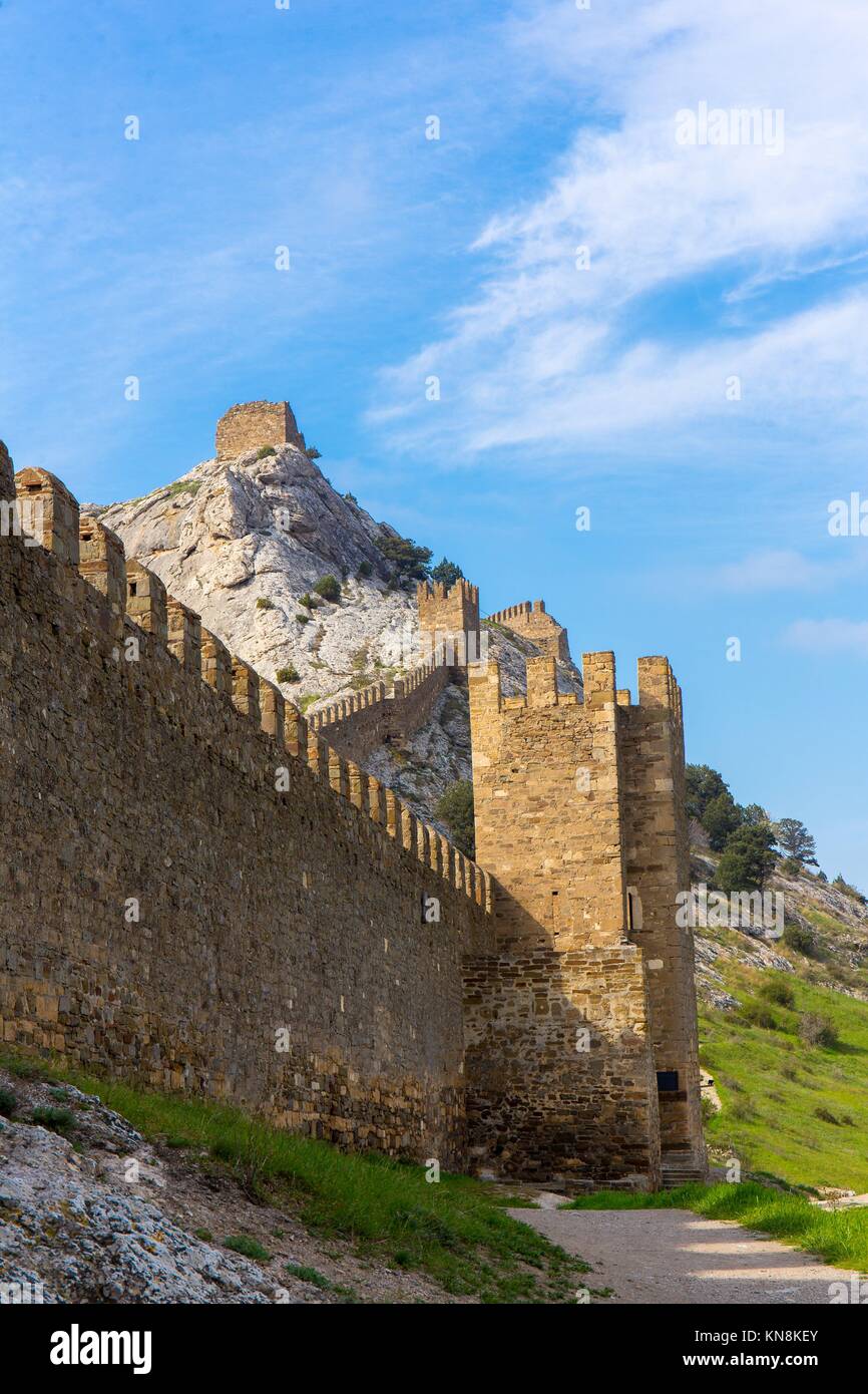 View of Genoese medieval fortress in Sudak, Crimea, Russia. Stock Photo