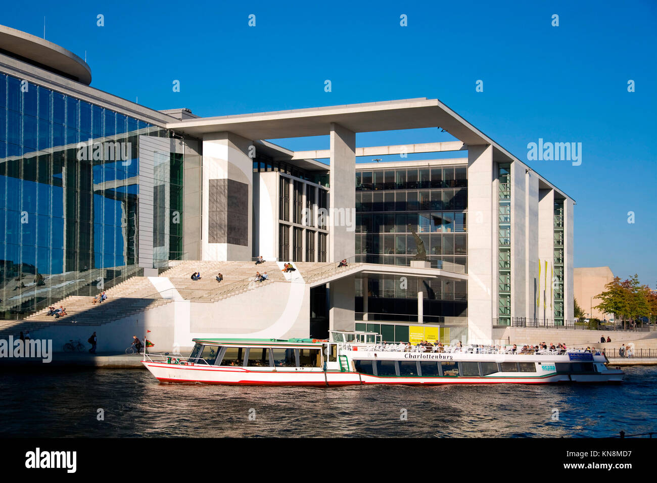 Elisabeth Lueders Haus at river Spree, Tour boat,  Berlin, Germany, Stock Photo