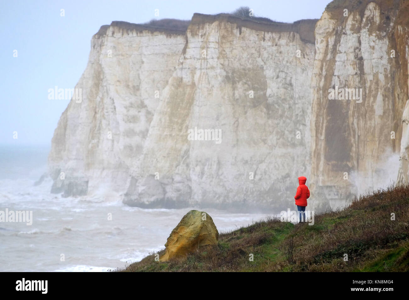 Woman in a red coat looking out to sea on a cold day. Stock Photo