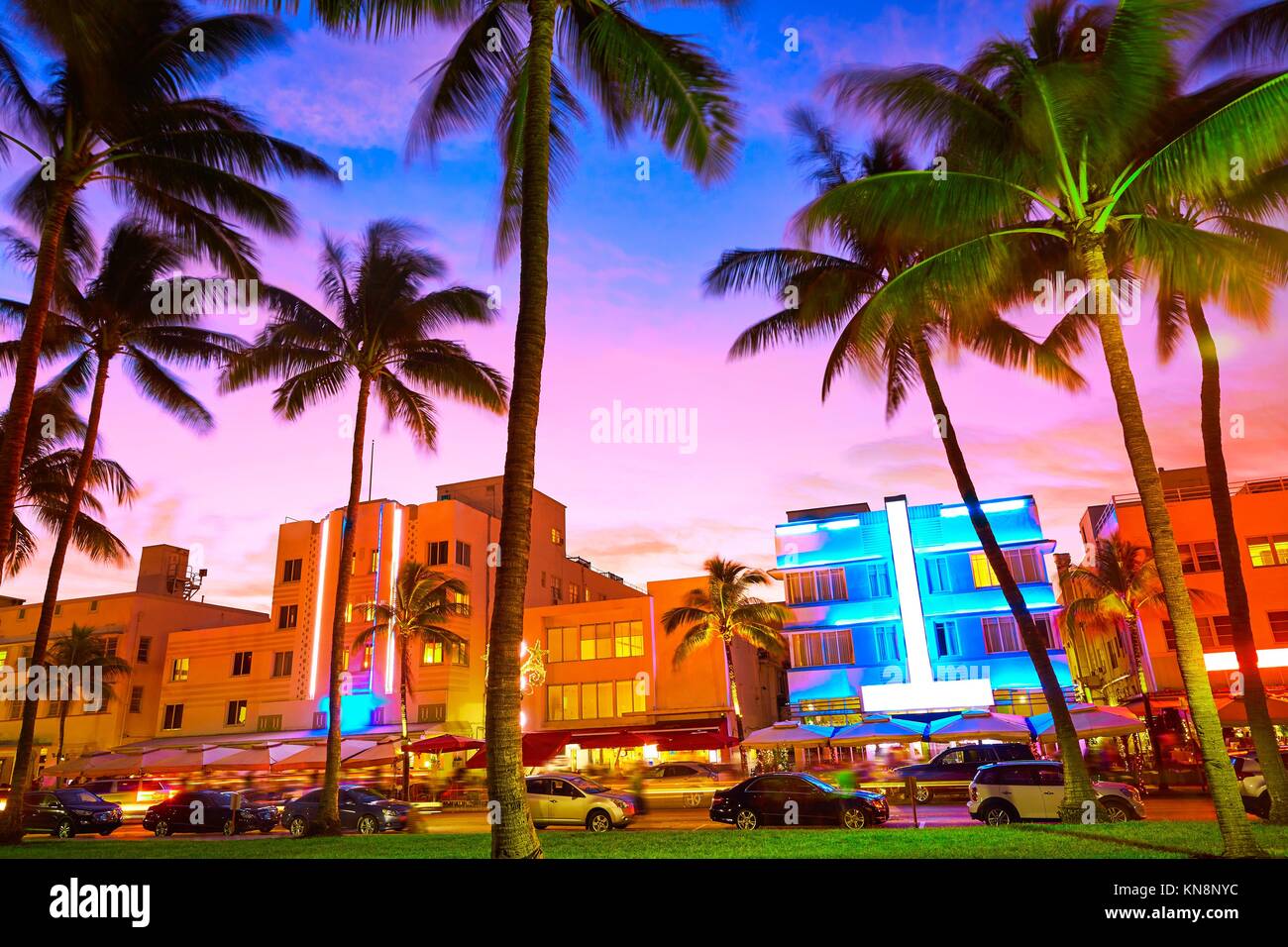 Miami Beach South Beach sunset in Ocean Drive Florida Art Deco. Stock Photo
