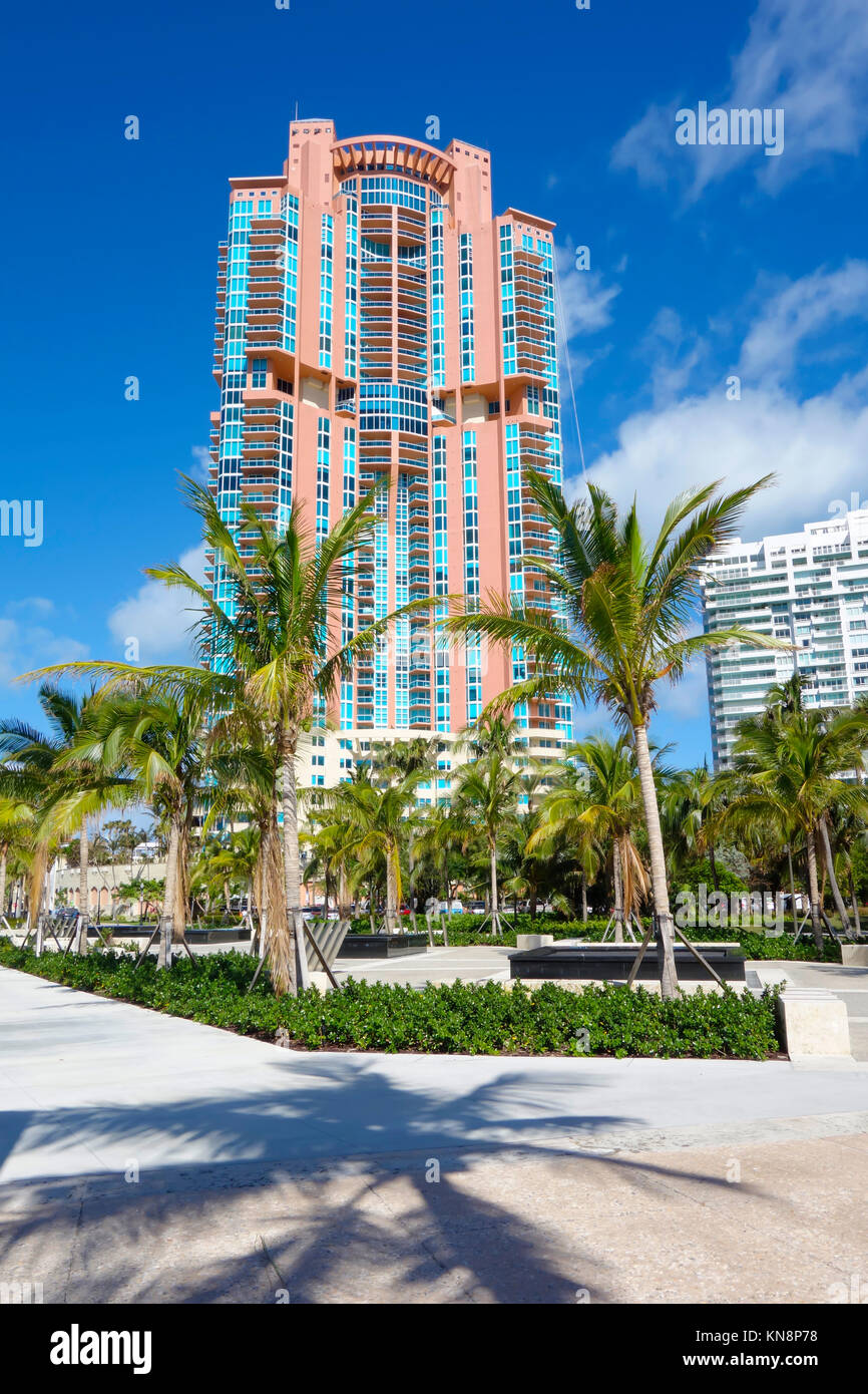 Large Apartment Buildings and Miami Condos near South Pointe Park, Miami Beach, USA Stock Photo