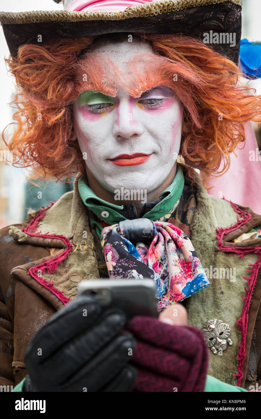 A street performer dressed as Johnny Depp’s colourful but crazy Mad Hatter character near the market in Portobello, London, UK. Stock Photo
