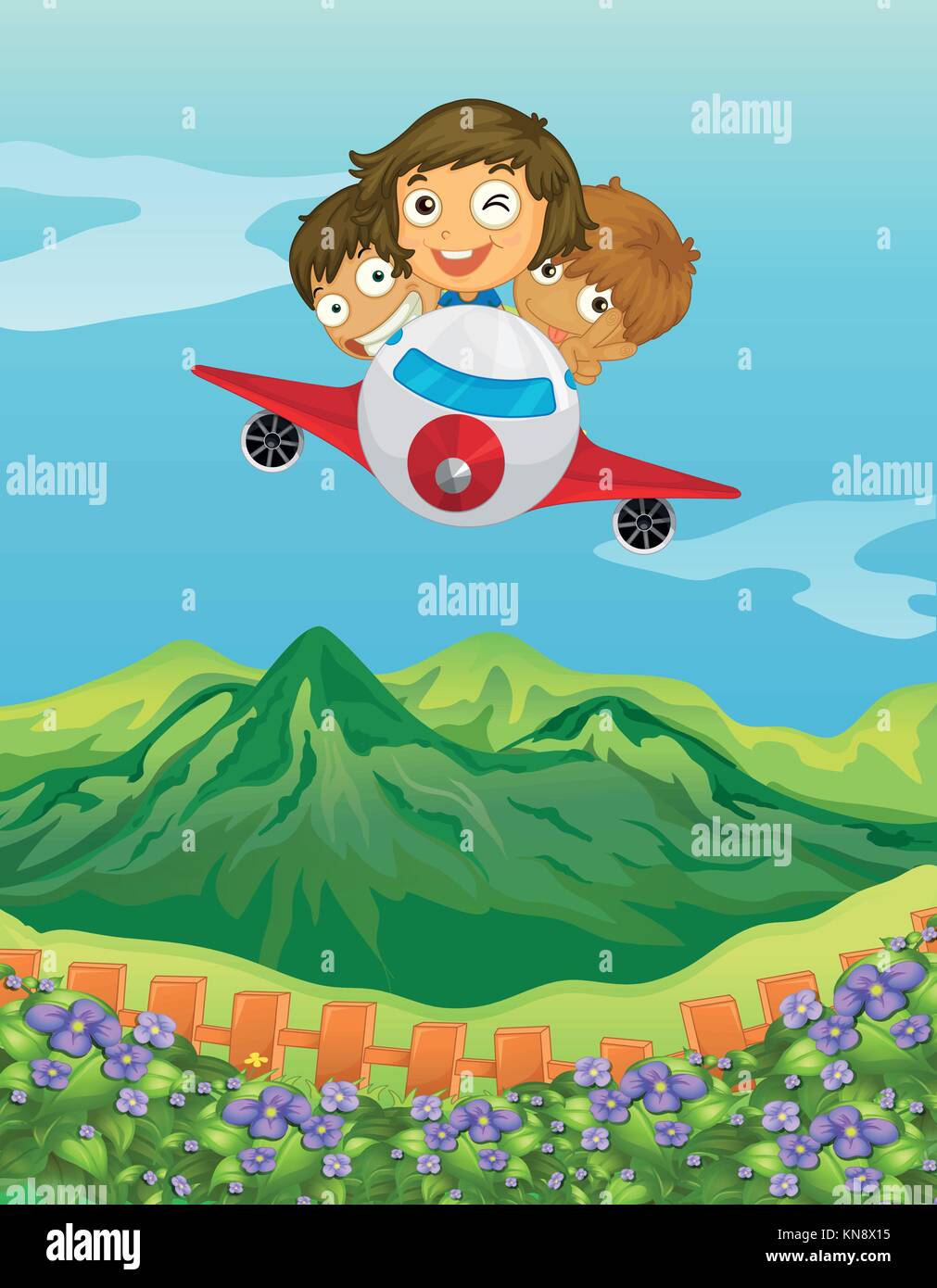 Illustration of kids and an airplane in a beautiful nature Stock Vector ...