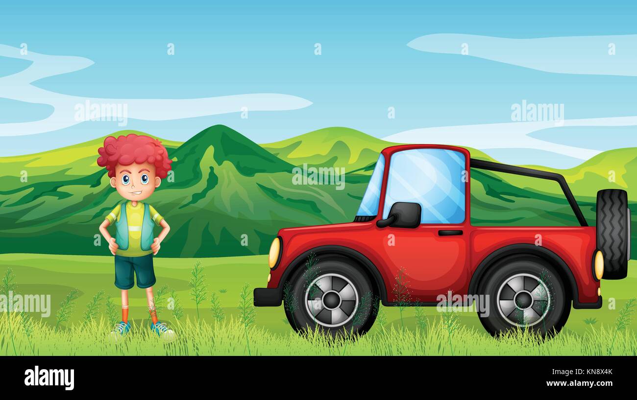 Illustration of a red jeepney and a boy in the hills Stock Vector