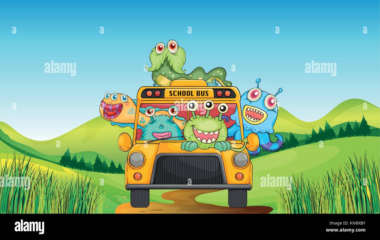 illustration of smiling monsters and school bus Stock Vector