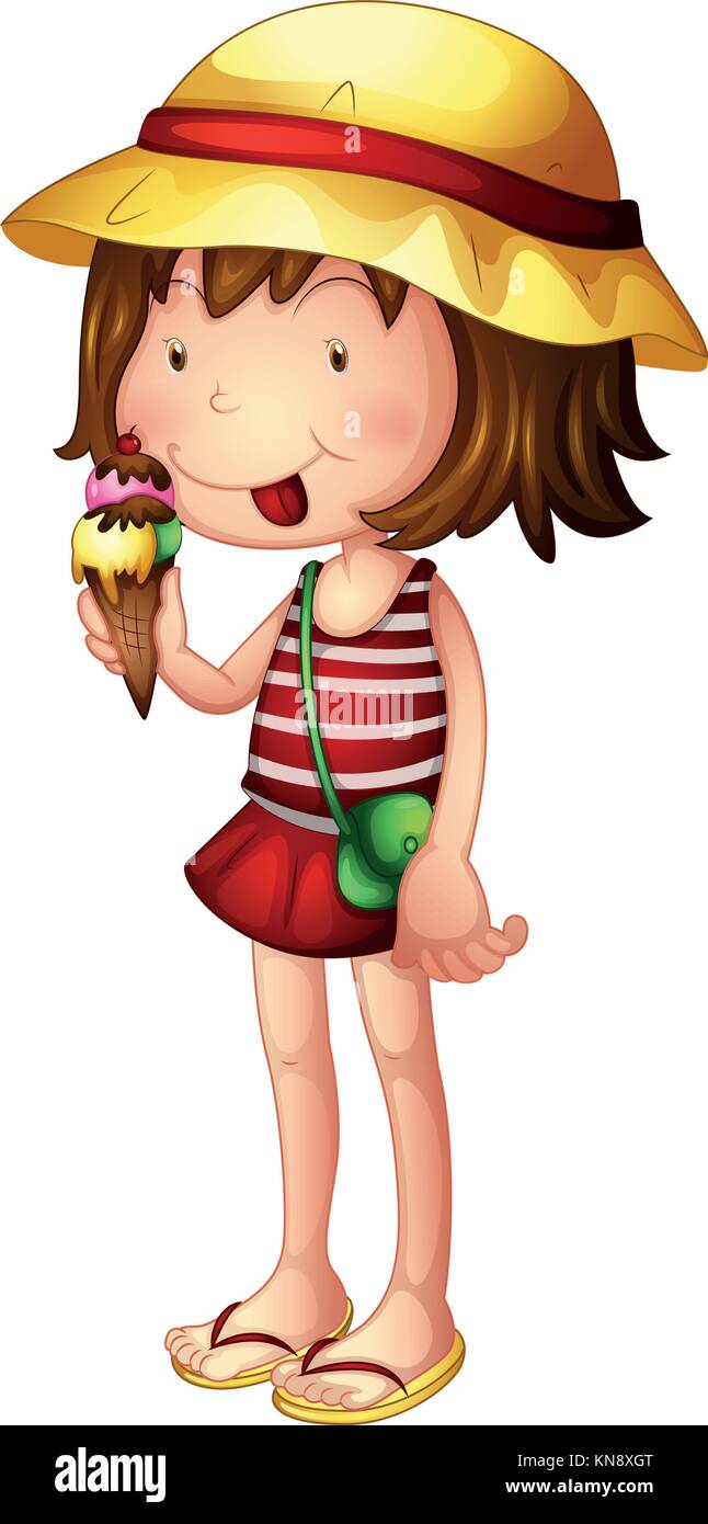 Illustration of a child eating an ice cream on a white background Stock