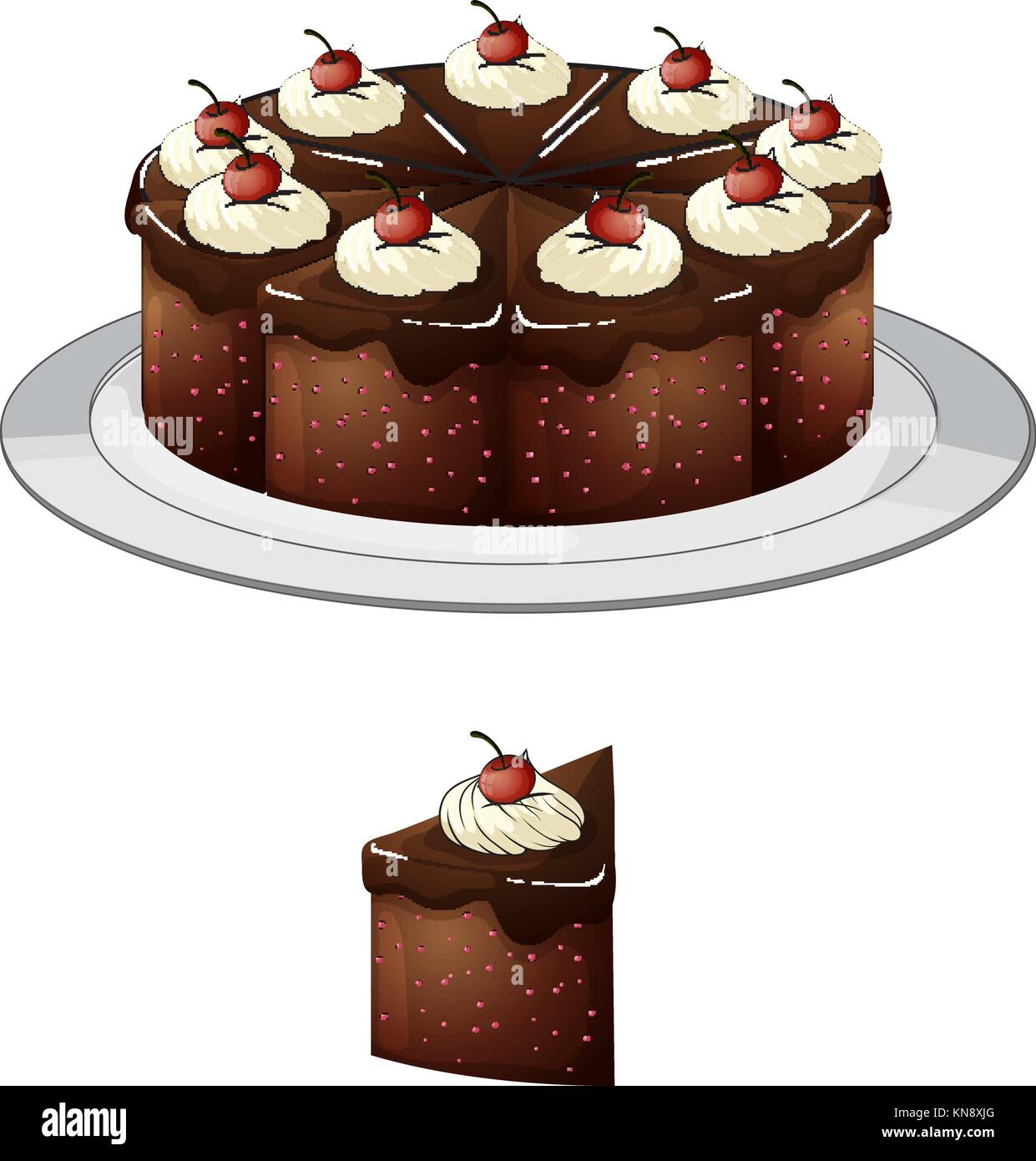 Illustration of a chocolate cake and a slice with cherries on top on a white background Stock Vector