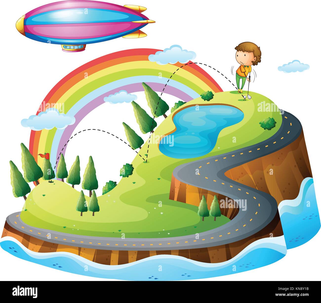 Illustration of a boy playing golf and a blimp Stock Vector