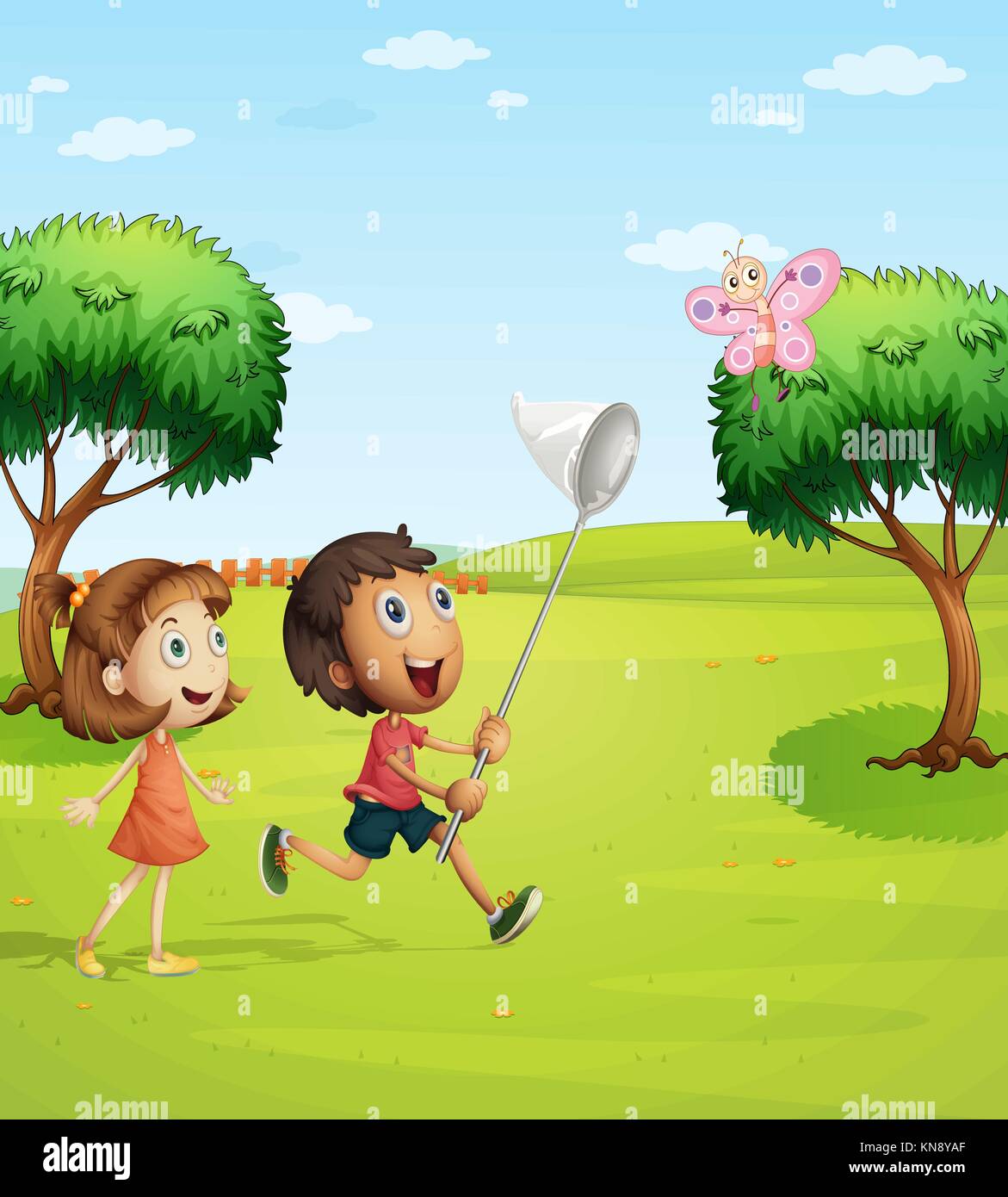 Illustration of kids trying to catch a butterfly in the garden Stock Vector