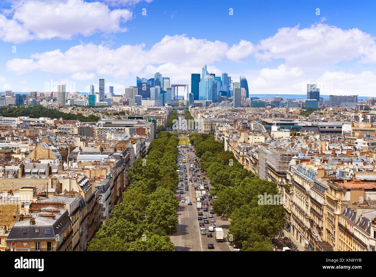 Paris skyline aerial Champs Elysees and La Defense in France. Stock Photo