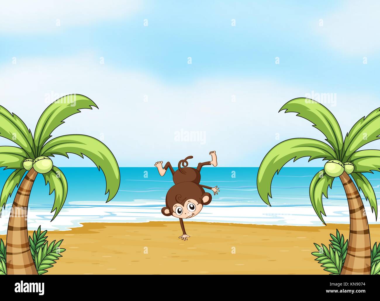 Illustration of a monkey dancing on a beach in a beautiful nature Stock ...