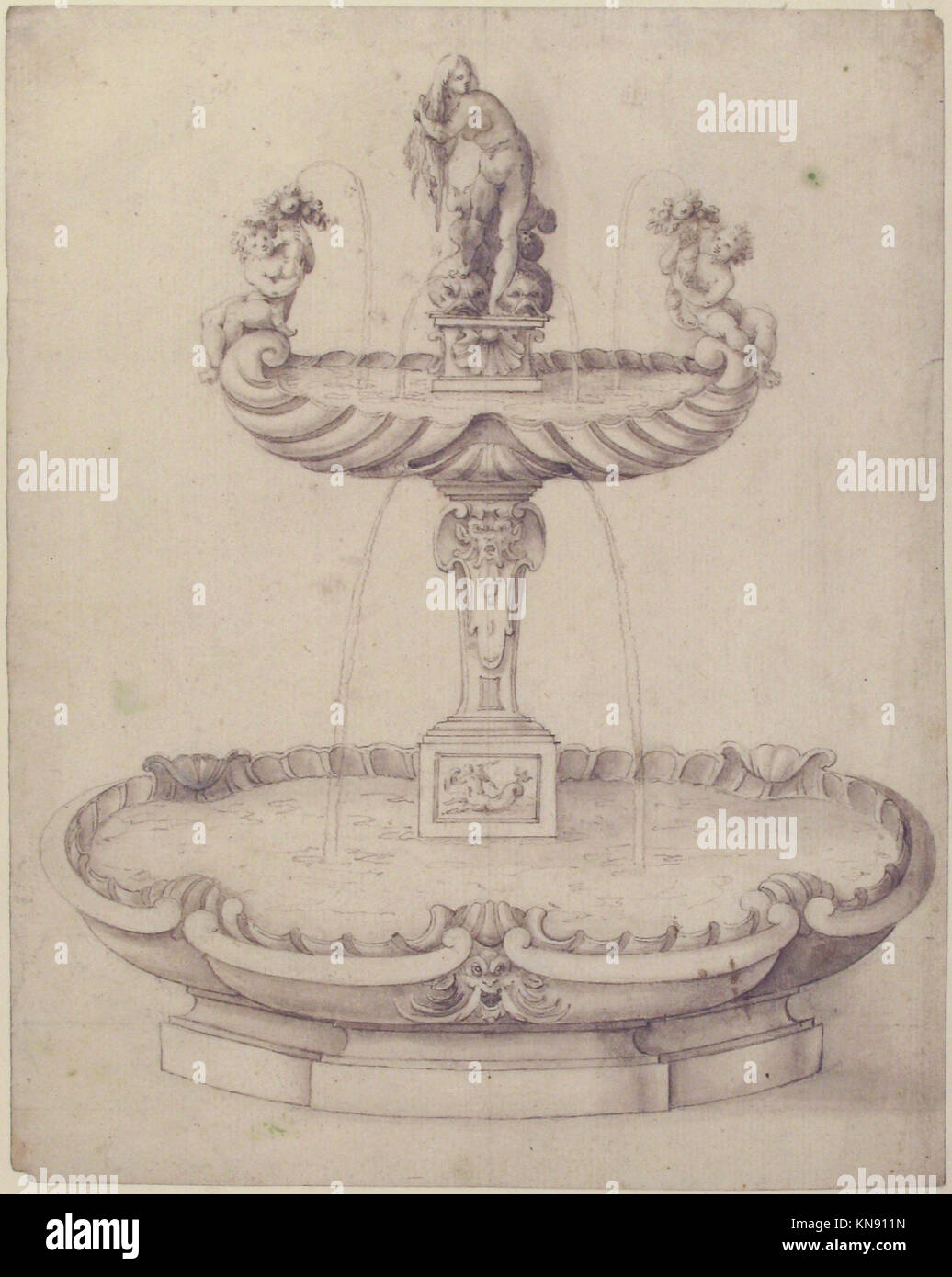 This design for a fountain, featuring two stacked basins and statues of