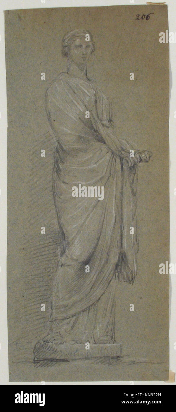 A drawing of a female statue, showing sculptural details, form, and ...