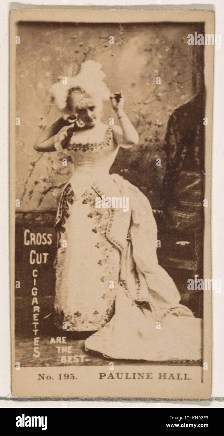 Card Number 195, Pauline Hall, from the Actors and Actresses series (N145-2) issued by Duke Sons & Co. to promote Cross Cut Cigarettes MET DP866381 645027 Publisher: Issued by W. Duke, Sons & Co., New York and Durham, N.C., Card Number 195, Pauline Hall, from the Actors and Actresses series (N145-2) issued by Duke Sons & Co. to promote Cross Cut Cigarettes, 1880s, Albumen photograph, Sheet: 2 5/8 ? 1 7/16 in. (6.6 ? 3.7 cm). The Metropolitan Museum of Art, New York. The Jefferson R. Burdick Collection, Gift of Jefferson R. Burdick (63.350.207.145.2.158) Stock Photo