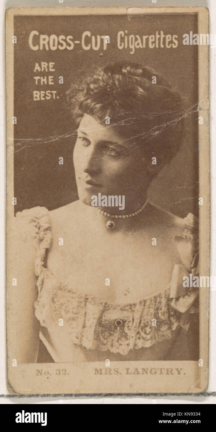 Card Number 32, Mrs. Langtry, from the Actors and Actresses series (N145-2) issued by Duke Sons & Co. to promote Cross Cut Cigarettes MET DP866417 645067 Publisher: Issued by W. Duke, Sons & Co., New York and Durham, N.C., Card Number 32, Mrs. Langtry, from the Actors and Actresses series (N145-2) issued by Duke Sons & Co. to promote Cross Cut Cigarettes, 1880s, Albumen photograph, Sheet: 2 5/8 ? 1 7/16 in. (6.6 ? 3.7 cm). The Metropolitan Museum of Art, New York. The Jefferson R. Burdick Collection, Gift of Jefferson R. Burdick (63.350.207.145.2.195) Stock Photo