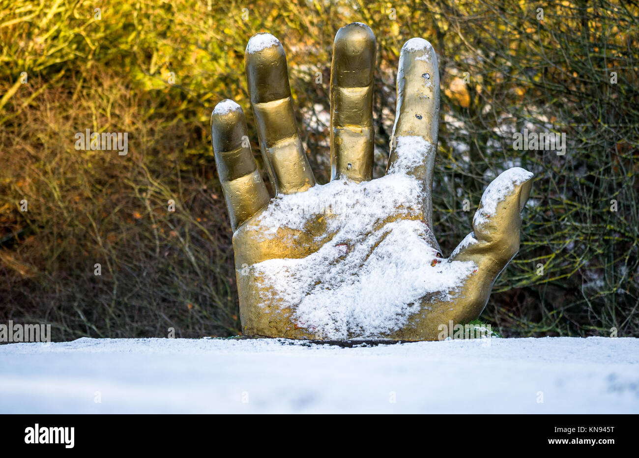 The Golden Hand at Vicar water country park covered with a layer of snow. Stock Photo