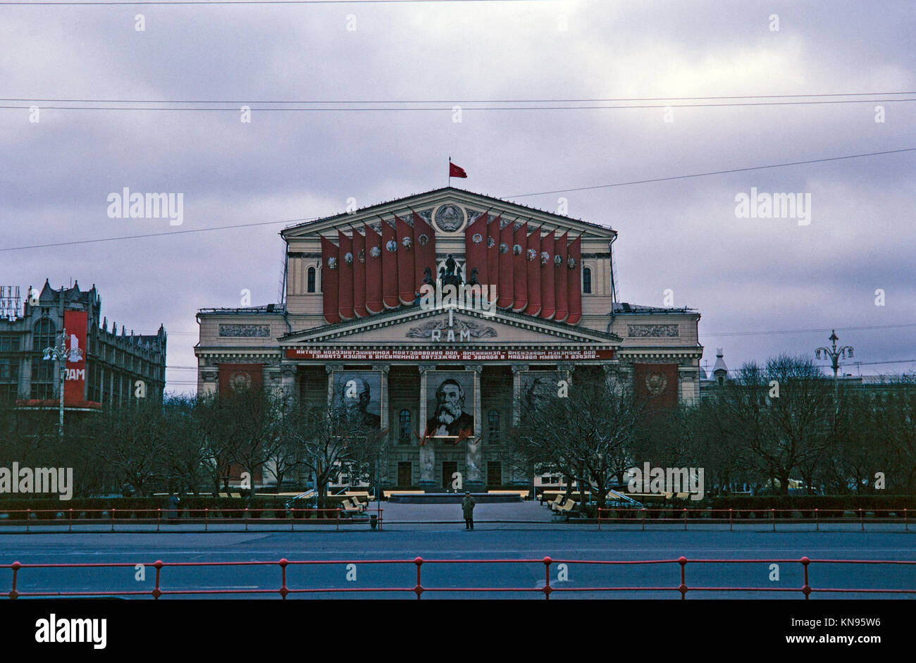 View of the Bolshoi Theatre in Moscow, Russia, taken in May 1969.The Bolshoi Theatre (Russian: Большо́й теа́тр, tr. Bol'shoy Teatr, Big Theatre, IPA: [bɐlʲˈʂoj tʲɪˈatər]) is a historic theatre in Moscow, Russia, designed by architect Joseph Bové, which holds ballet and opera performances. Before the October Revolution it was a part of the Imperial Theatres of the Russian Empire along with Maly Theatre (Small Theatre) in Moscow and a few theatres in Saint Petersburg (Hermitage Theatre, Bolshoi (Kamenny) Theatre, later Mariinsky Theatre and others). Stock Photo