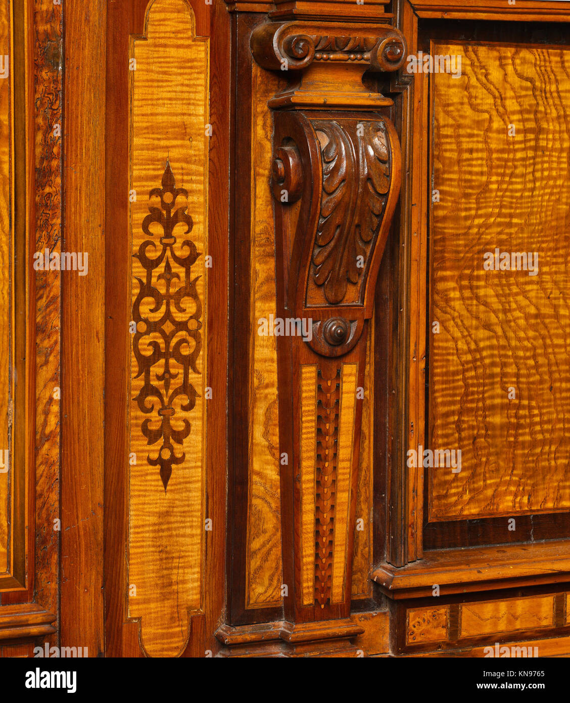 Cabinet (Fassadenschrank) MET DP106612 188937 German, Nuremberg, Cabinet (Fassadenschrank), early 17th century, Pine, oak, walnut; Hungarian ash, birch, various fruitwoods, walnut, palisander, other woods, partly stained (marquetry veneer); wrought iron,, Overall: H. 104 x W. 84 x D. 30 1/4 in. (264.2 x 213.4 x 76.8 cm);  Field measurement: H. 102 5/8 x W. 89 1/4 x D. 28 1/2 in. at mid-height (cornice wider). The Metropolitan Museum of Art, New York. Rogers Fund, 1905 (05.22.2) Stock Photo