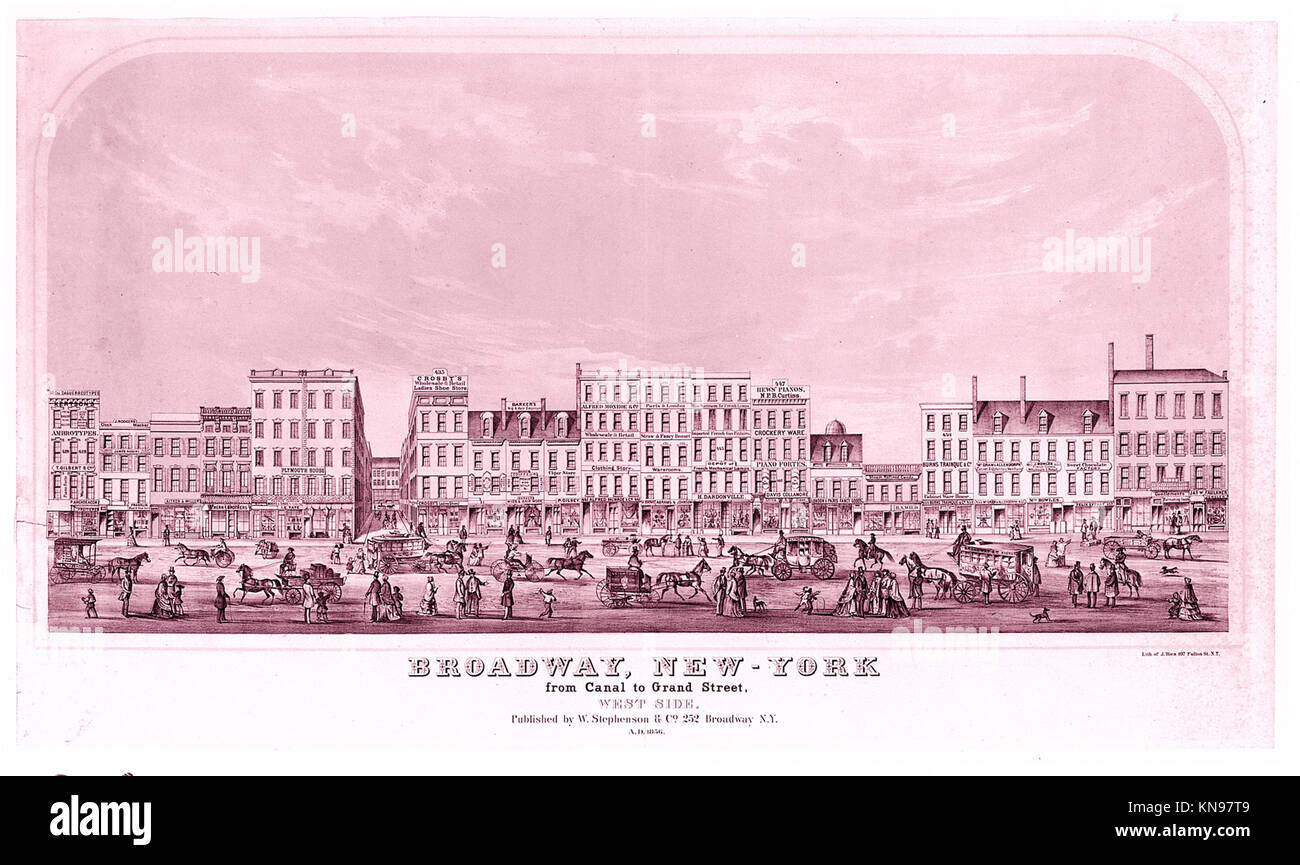 Broadway, New York from Canal to Grand Street, West Side MET 49MM 598R1 381177 Lithographer: Lithographed by Julius Bien, American (born Germany), Naumberg 1826?1909 United States, Publisher: W. Stephenson & Co., New York, NY, Broadway, New York from Canal to Grand Street, West Side, 1856, Lithograph with tint stones, image: 17 3/8 x 33 7/8 in. (44.2 x 86.1 cm) sheet: 20 1/2 x 36 5/8 in. (52.1 x 93 cm). The Metropolitan Museum of Art, New York. The Edward W. C. Arnold Collection of New York Prints, Maps and Pictures, Bequest of Edward W. C. Arnold, 1954 (54.90.1171) Stock Photo
