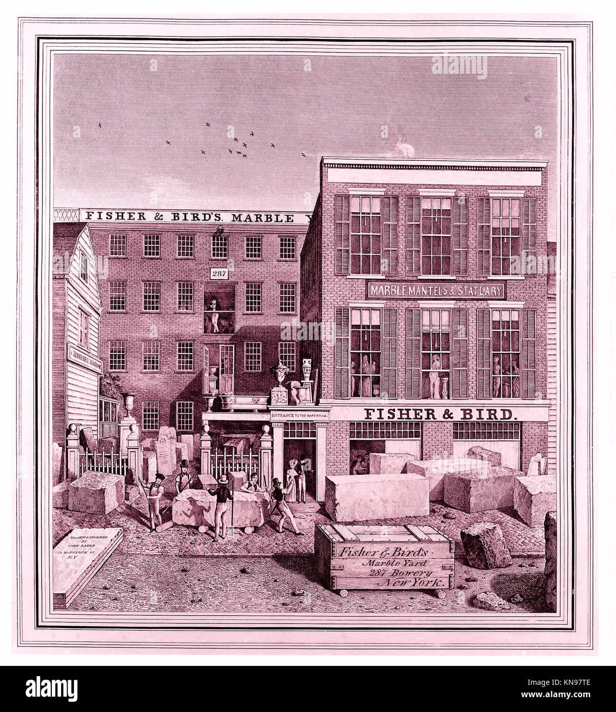 Fisher & Bird's Marble Yard, 287 Bowery, New York MET 49NN 488R1 380776 Artist: John Baker, American, active 1830?40, Fisher & Bird's Marble Yard, 287 Bowery, New York, ca. 1836, Engraving, image: 9 7/8 x 8 7/8 in. (25.1 x 22.5 cm) sheet: 12 13/16 x 9 1/16 in. (32.6 x 23 cm). The Metropolitan Museum of Art, New York. The Edward W. C. Arnold Collection of New York Prints, Maps and Pictures, Bequest of Edward W. C. Arnold, 1954 (54.90.673) Stock Photo