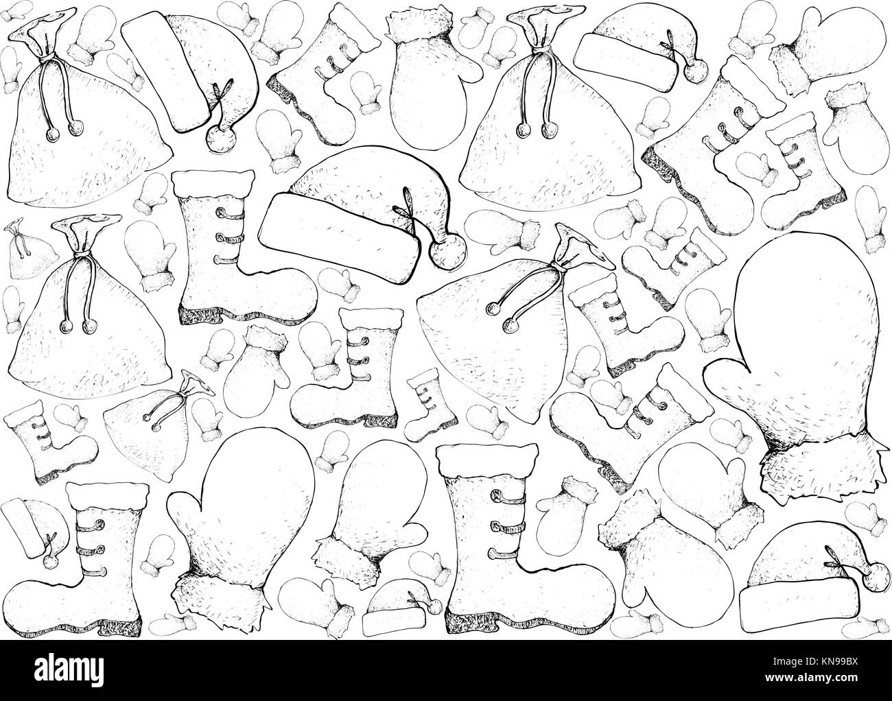 Background Illustration Hand Drawn Sketch of Santa Clause Hat, Boot, Bag and Mitten Waiting for ...