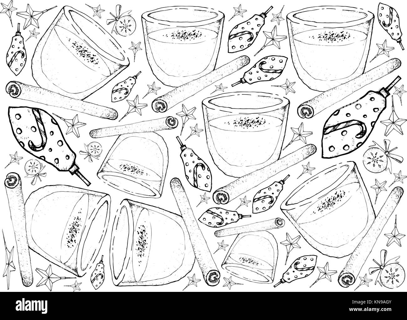 Background Illustration Hand Drawn Sketch of Eggnog or Egg Milk Punch Made with Milk, Cream, Sugar, Whipped Egg Whites, Egg Yolks, Cinamon and Grated  Stock Vector