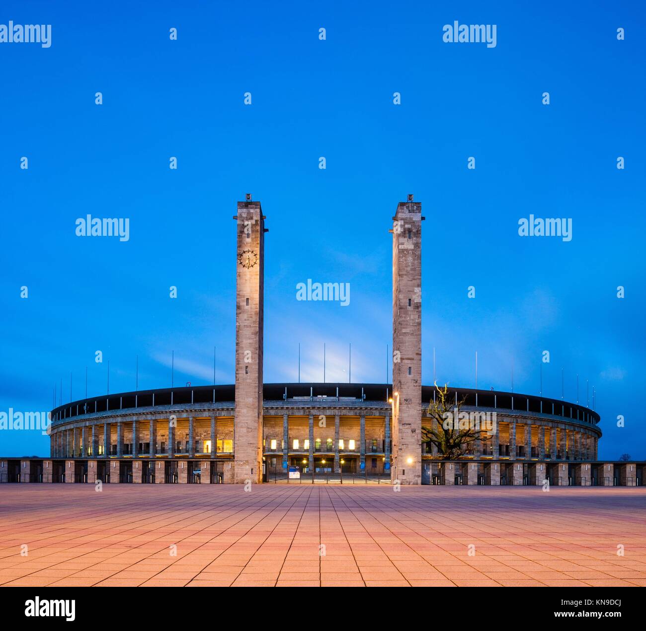 Berlin's Olympiastadion seen at twilight. Stock Photo