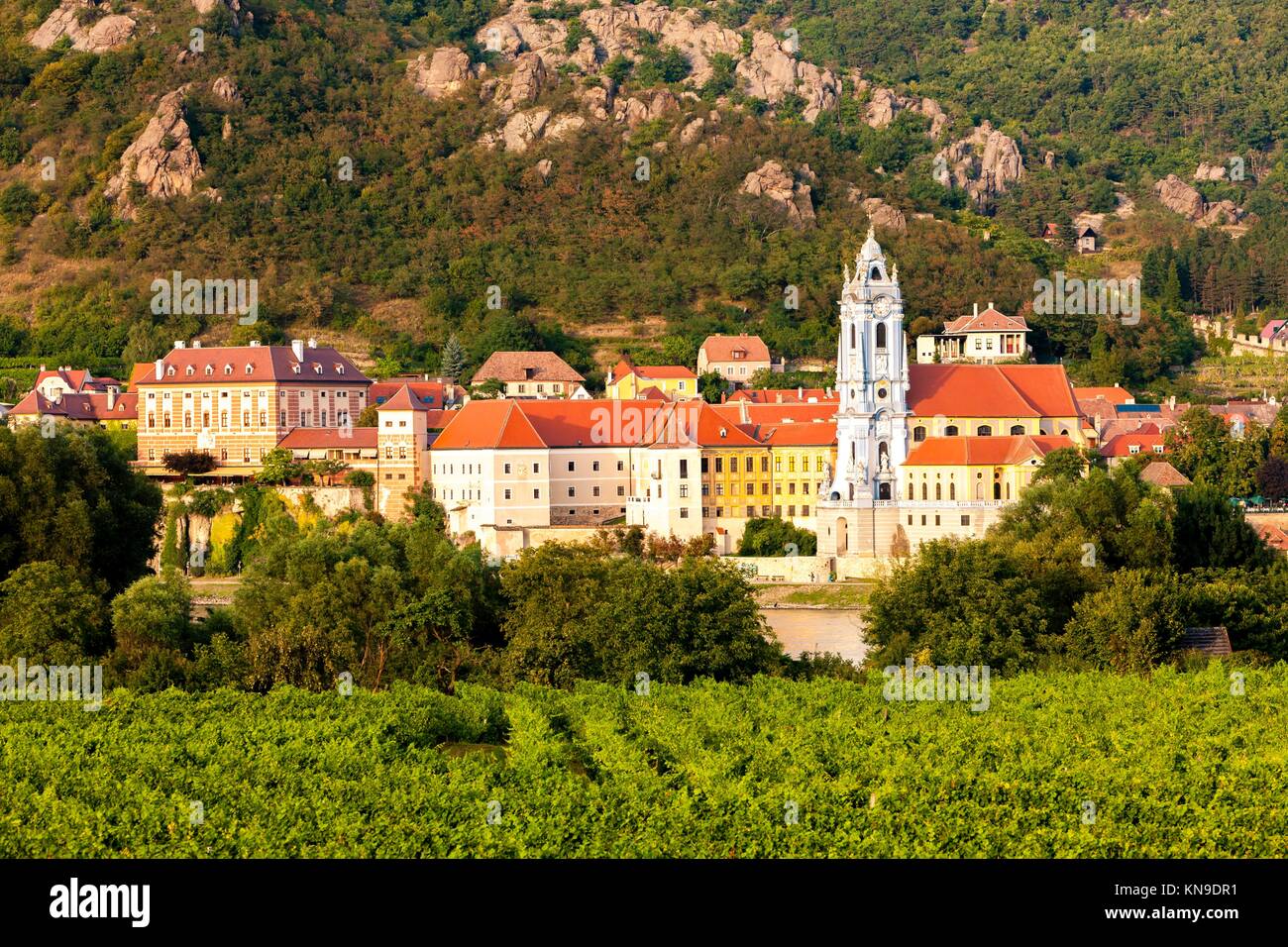 Durnstein and vineyard in Wachau Region, Lower Austria, Austria. Stock Photo