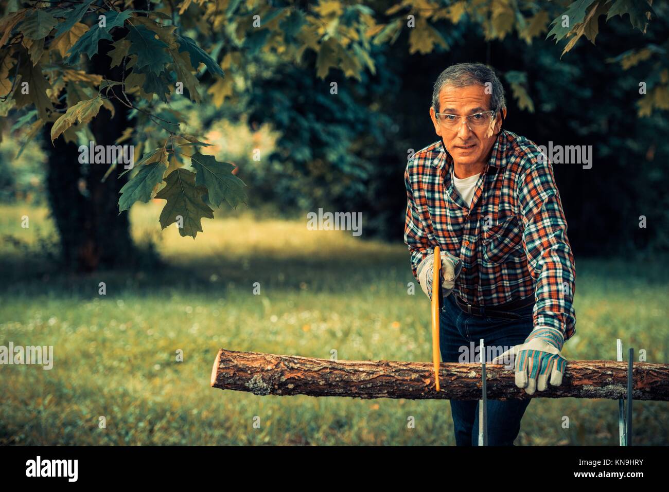 Senior man sawing a log handsaw closeup. Stock Photo