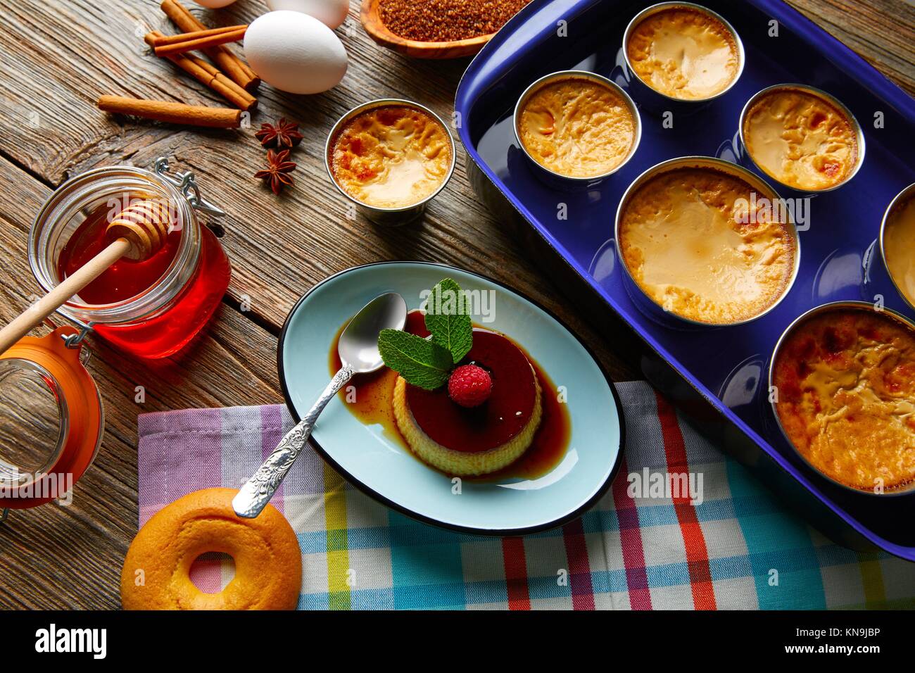 Custard Creme Caramel Flan dessert bain marie oven cooked Stock Photo
