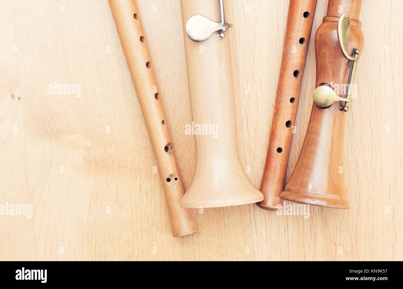 Close up of wooden recorders. Concept of playing the flute, music and traditional instruments