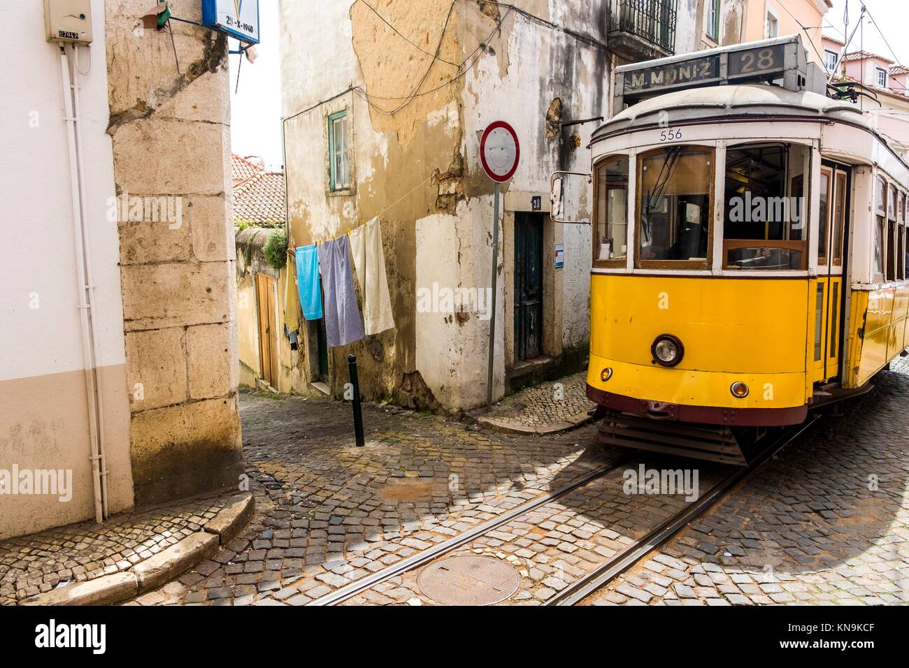 Classic tram route 28 in Alfama district in Lisbon Portugal. Stock Photo