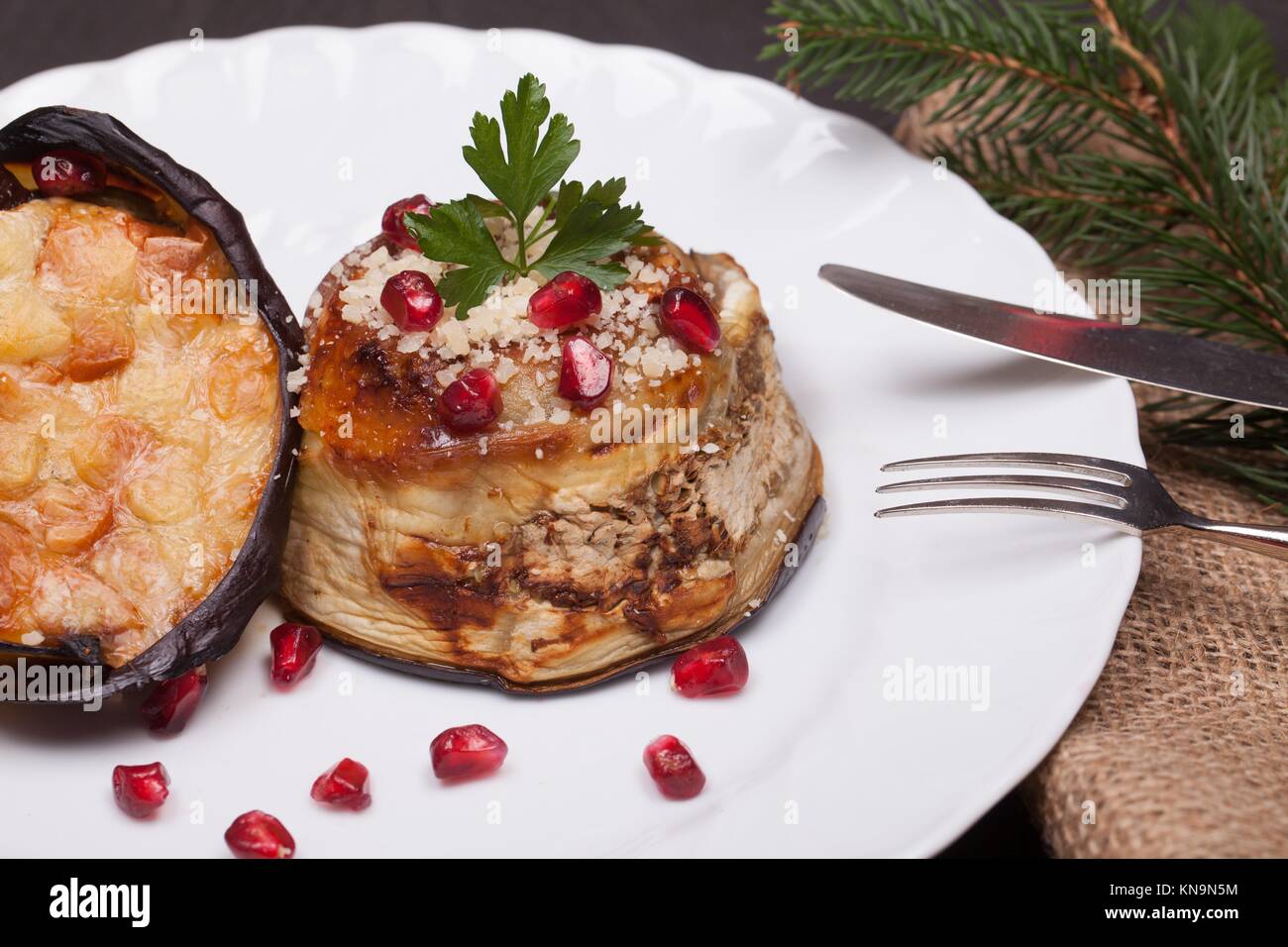 Plate with eggplant zuccotto, traditional dish of the Italian cuisine