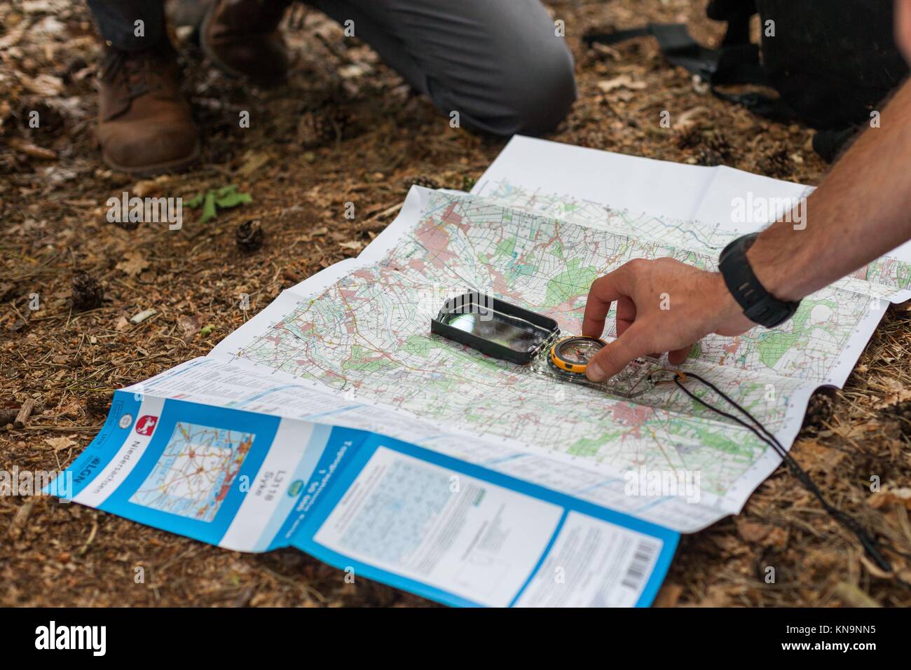 A group of hikers uses map and compass to navigate through the forest 